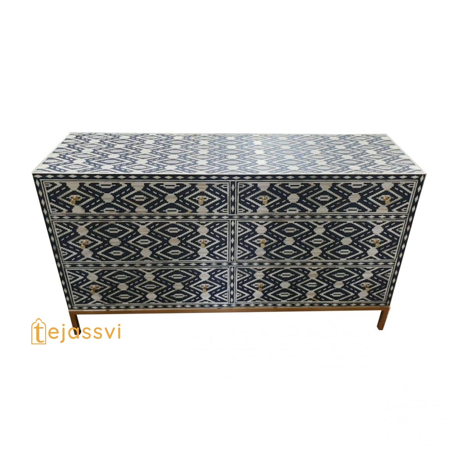 Wooden Dark Blue Bone inlay Diamond pattern 6 chest of drawers/Inlay 6 Drawer Dresser/Bone inlay Floral Pattern 6 Drawers/Chest of Drawers.