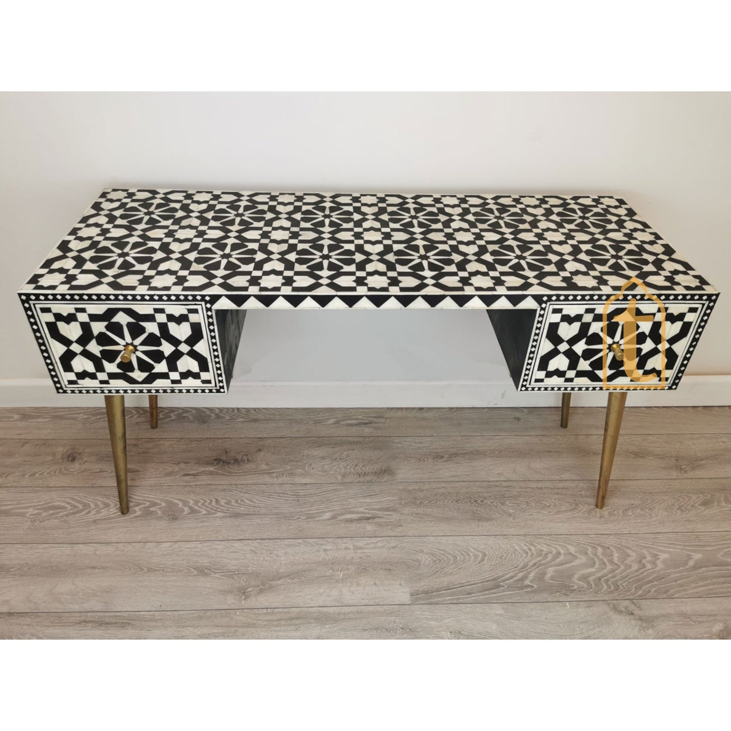 Handmade Bone Inlay Wooden Modern Black Console Table Bone Inlay Desk With 2 Drawer Furniture With Metal Legs/Wooden Side Table/Luxury Table
