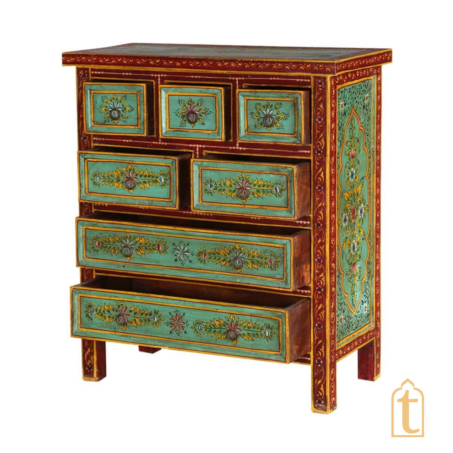 Indian Hand Painted Green Garden Mango Wood Chest of 7 Drawers, Large Chest of Drawer for Living Room | Traditional Side Table with Drawers.