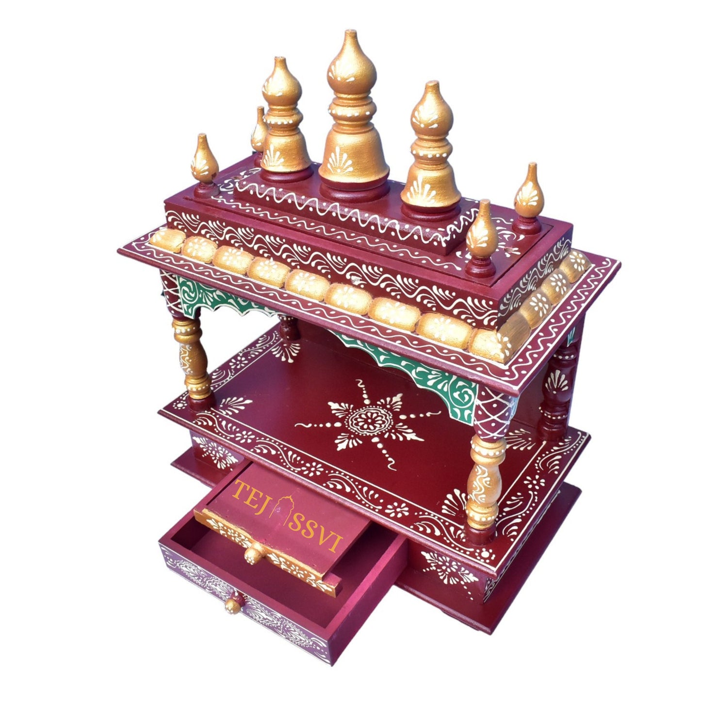 Brown Wooden Open Temple Pooja Mandir | Beautiful Wall Hanging Small Wooden Temple for Home | Wooden Prayer Room, Alter, Shrine, Pooja Ghar