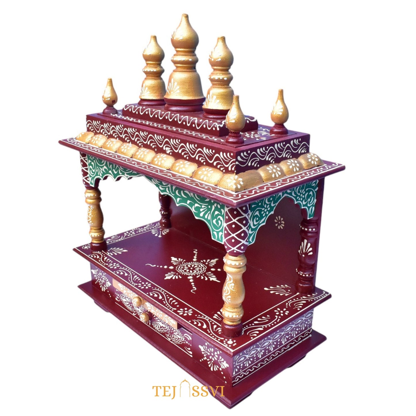 Brown Wooden Open Temple Pooja Mandir | Beautiful Wall Hanging Small Wooden Temple for Home | Wooden Prayer Room, Alter, Shrine, Pooja Ghar