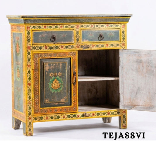 Wooden Indian Floral Designed Side Storage / Cabinet | Bedside, Side Table, Hand Painted, Wooden Big Cabinet, Living Room Furniture, Fine Panting.