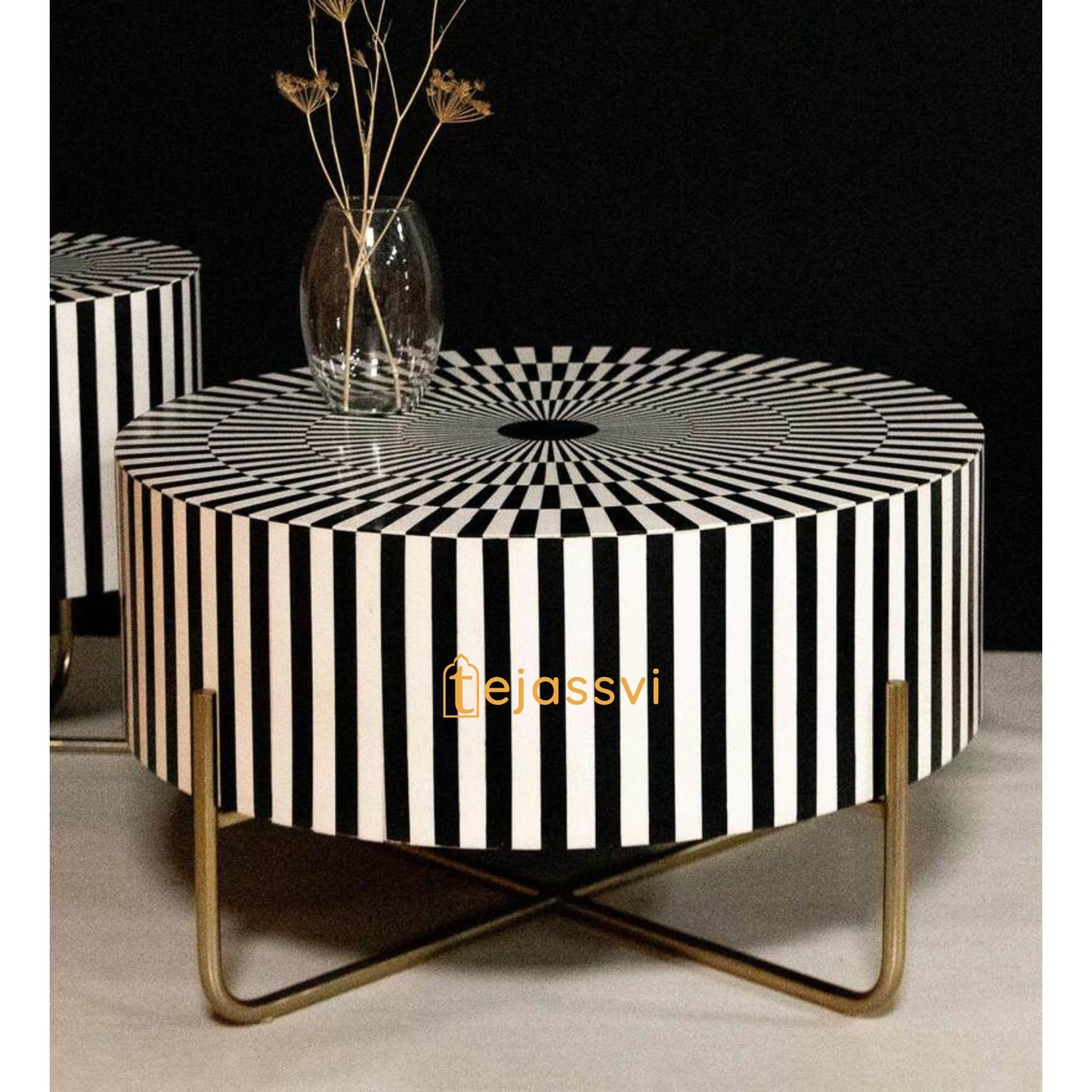 Stripped Design Wooden Coffee Table/Bone Inlay Coffee Table/Center Table/Bone Inlay Table/Round Coffee Table/Bone Inlay Cocktail Table.