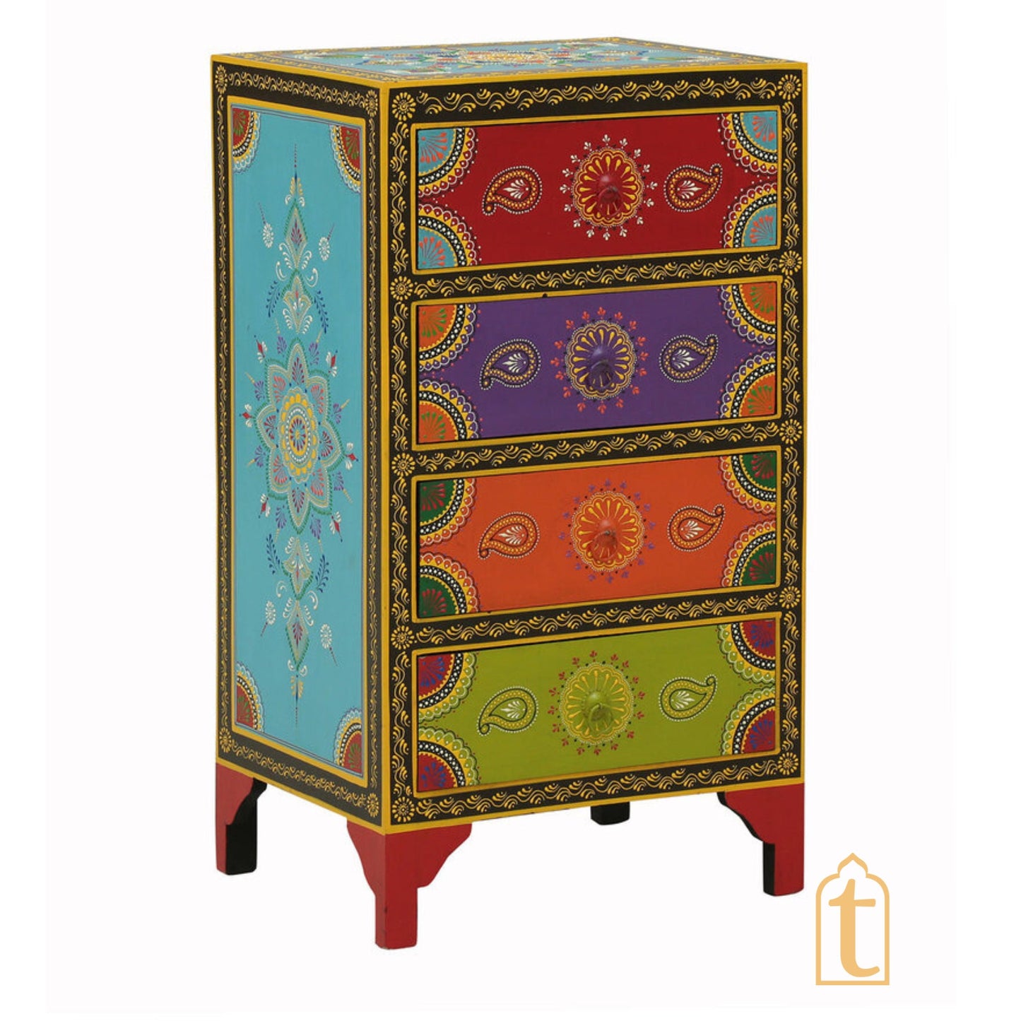 Hand Painted Solid Wood Chest Of Drawer In Multi Colour, 4 Chest Of Drawer/Bed Side, Hand Painted Side Table.