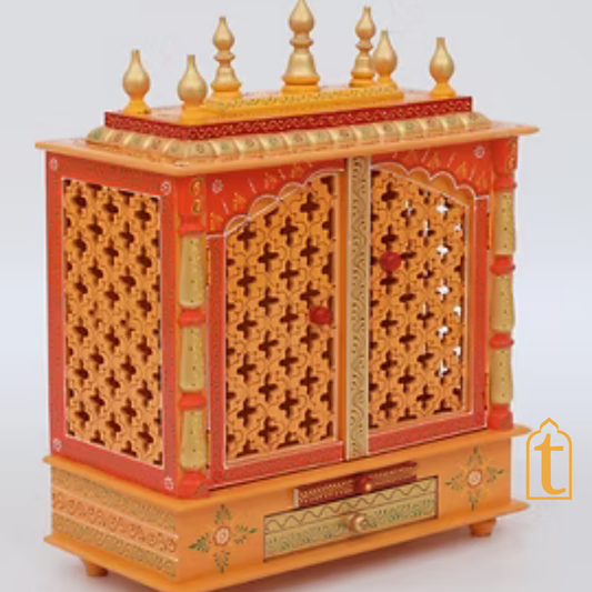 Handcrafted Wooden Pooja Room Temple: Orange & Gold Embossed