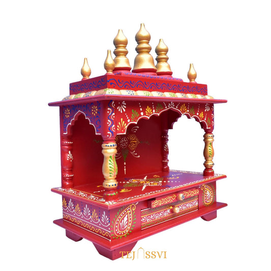 Red Wooden Open Temple Pooja Mandir | Beautiful Wall Hanging Small Wooden Temple for Home | Wooden Prayer Room, Alter, Shrine, Pooja Ghar