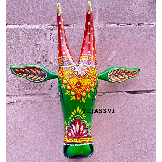 Wooden Painted Cow Head 15 Inches| Bull | Nandi Head Mask Wall Décor. Wooden Wall Hanging. Ethnic Indian Art.