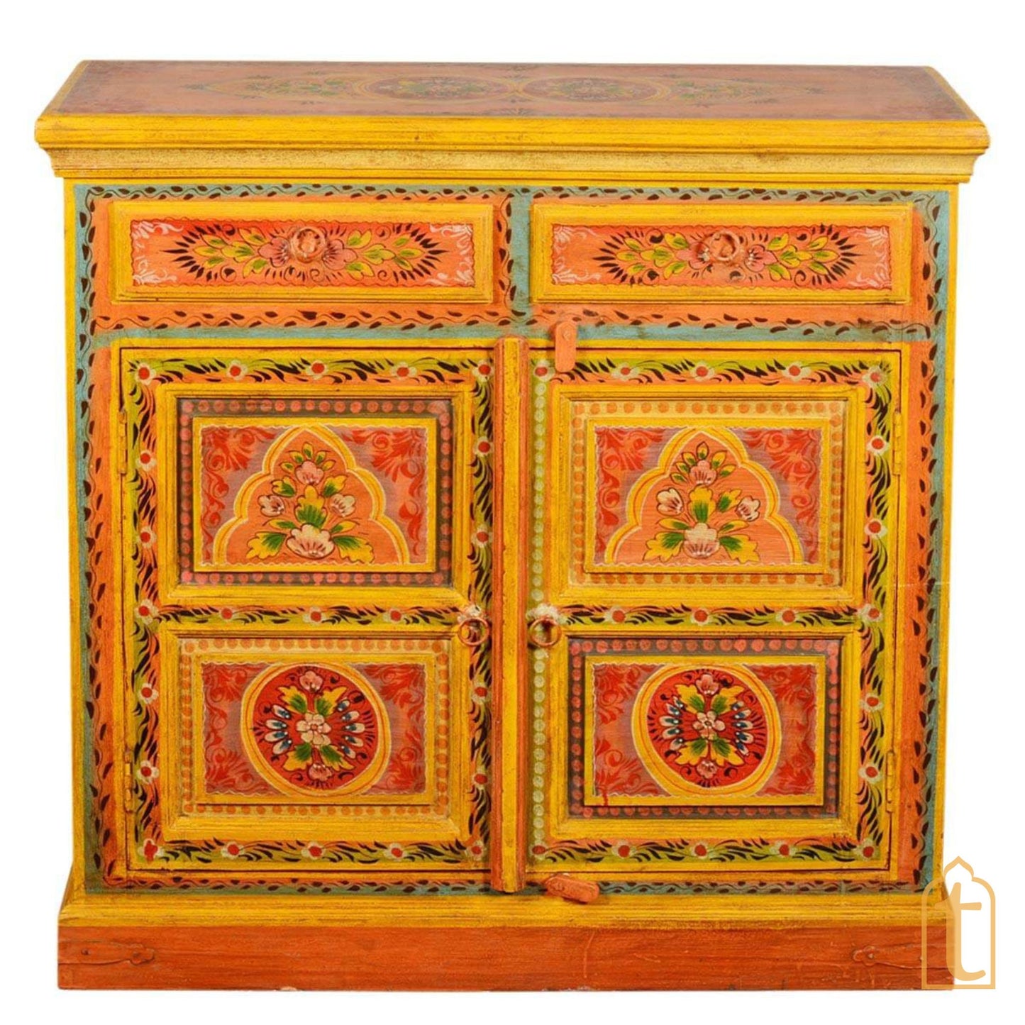 2 Drawer Hande Painted Storage Cabinet/Hand Painted Mango Wood Large Chest of Drawers for Living Room/Traditional Side Table with Drawers.