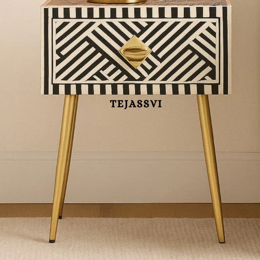 Bone Inlay Bedside Table for 1 Drawer / Bone Inlay Table / Strip Design Bedside Table / Bone Inlay Cocktail Table . (Copy)