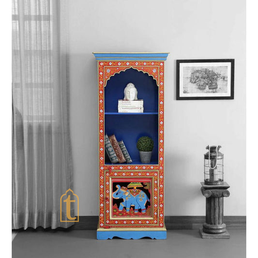 Indian Hand painted Solid Wooden Bookshelf In Red Color Book self with Storage Cabinet / Indian Hand Painted Wooden Side Boards / Wooden Cabinet.