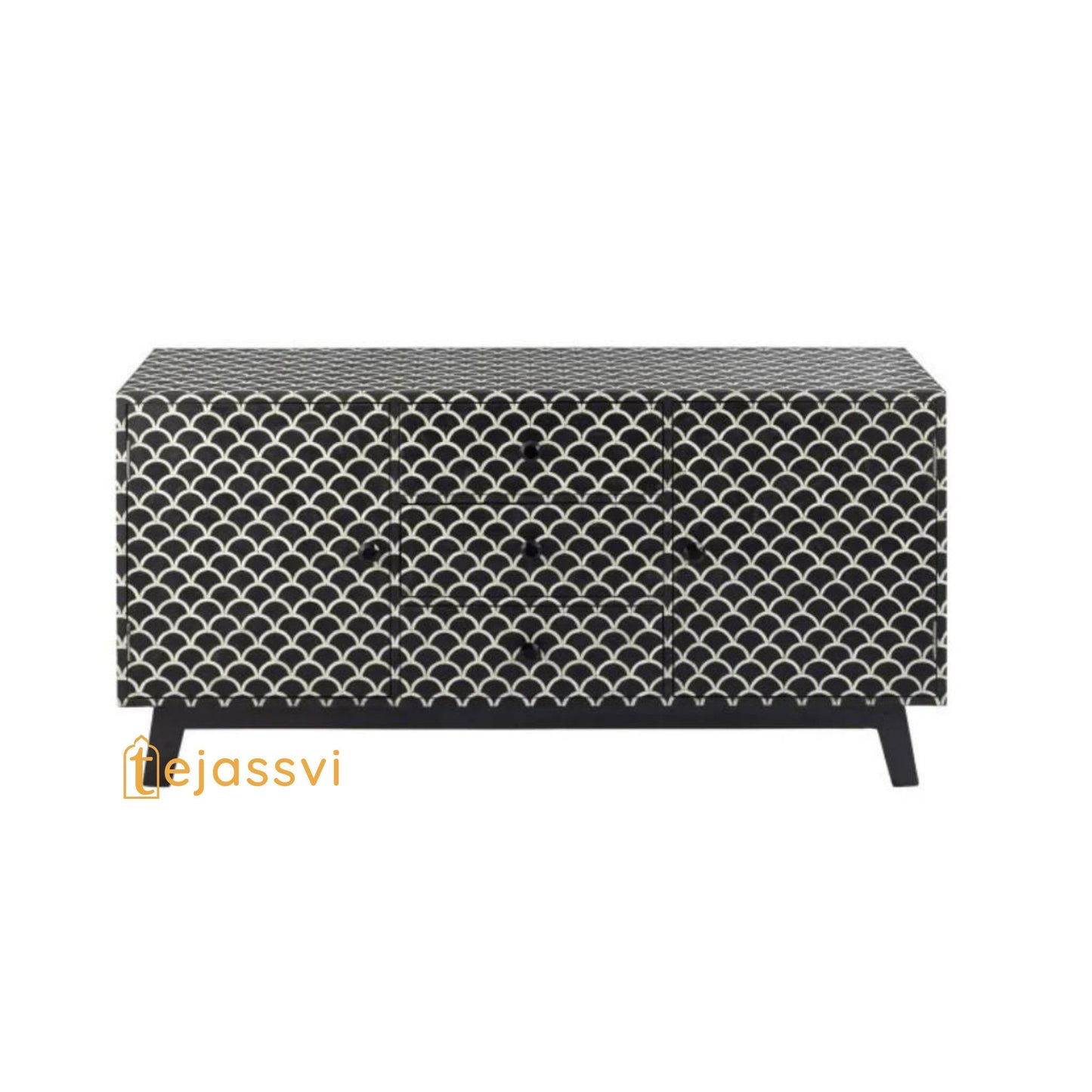 Bone Inlay Fish-scale Scalloped Sideboard in Black Color/Bone Inlay Media Console| Handmade Bone Inlay Credenza Indian Luxury Buffet Table.