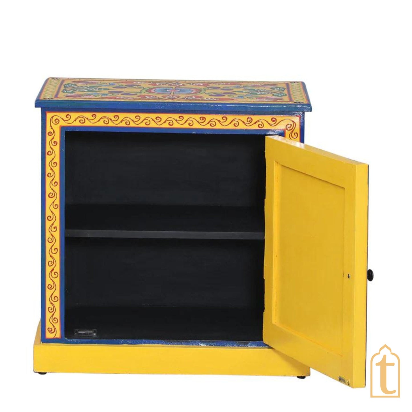 Hand paint Solid Wood Bedside Cabinet With 1 Door In Yellow Colour, night stand hand paint night lamp stand.