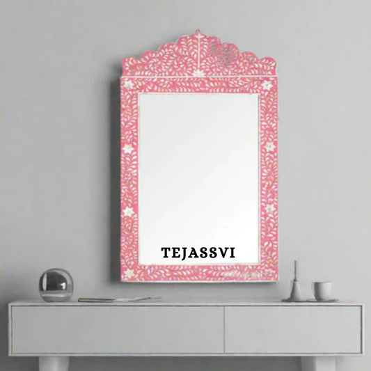 Bone Inlay floral design pinkColor Wall Hanging Large Mirror / wooden bone inlay wall mirror / Wall Décor / Wall Hanging.
