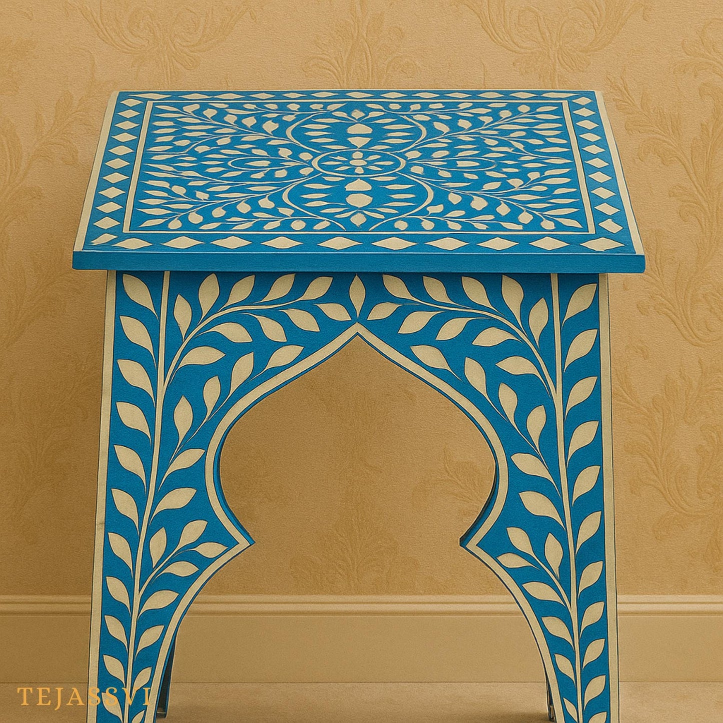 Handmade Blue Bone Inlay Table | Bone Inlay stool | Bone inlay floral side table | Bone Inlay Antique Corner Table, Modern Luxury Furniture