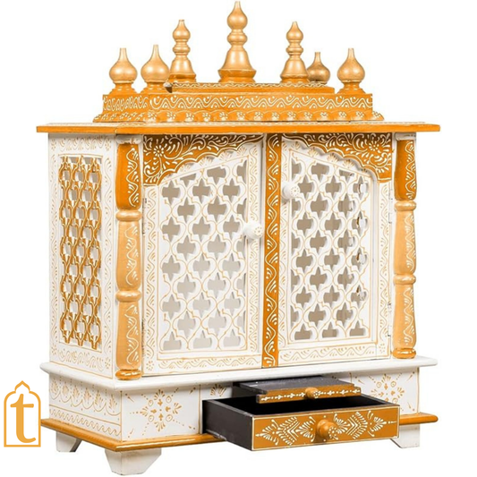 Handcrafted Wooden Temple Mandir: Indian Pooja Ghar, Wall Mount Decor, Wooden White & Goldan Pooja Mandir