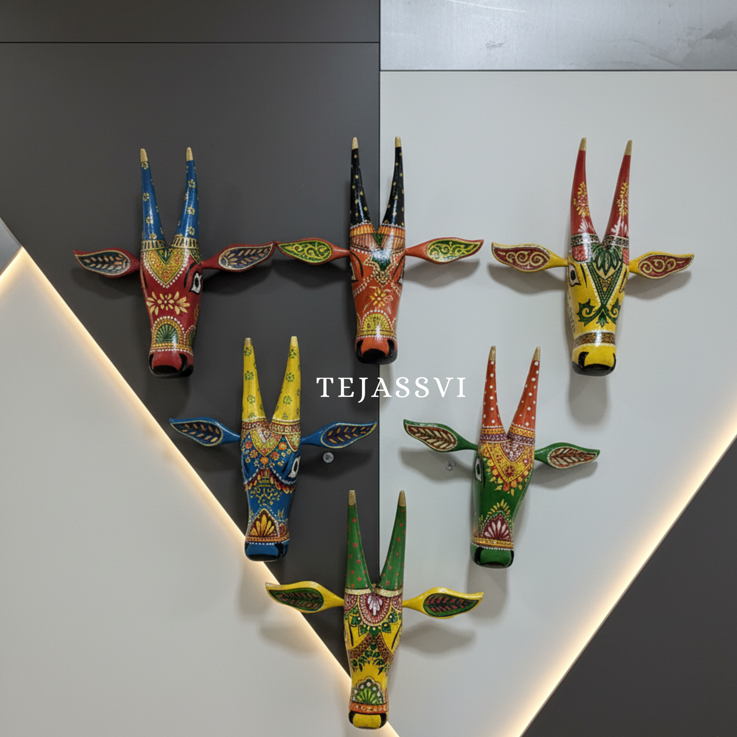 SET of 6 Wooden Painted Cow Head 16 Inches | Bull | Nandi Head Mask Wall Décor. Wooden Wall Hanging. Ethnic Indian Art.