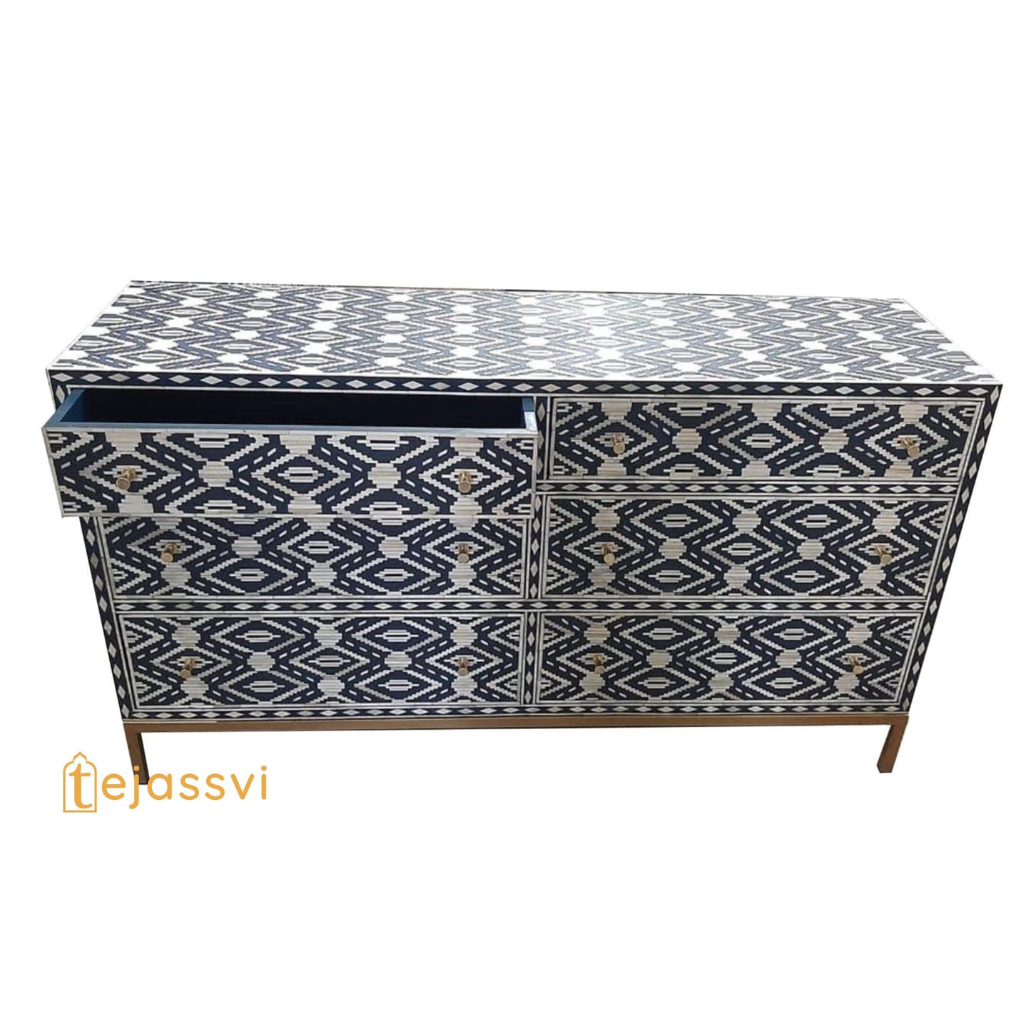 Wooden Dark Blue Bone inlay Diamond pattern 6 chest of drawers/Inlay 6 Drawer Dresser/Bone inlay Floral Pattern 6 Drawers/Chest of Drawers.