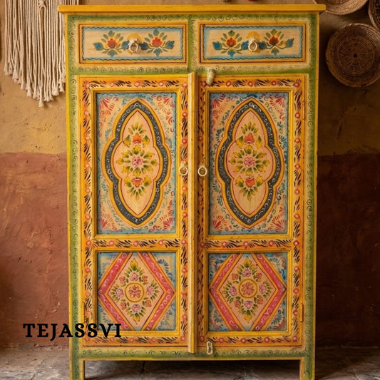 Wooden Hand Painted Sideboard / Wooden Floral Painted Sideboard / Vintage Home Décor Storage Cabinet / Living Room Furniture / Indian Ethnic Style Wardrobe.
