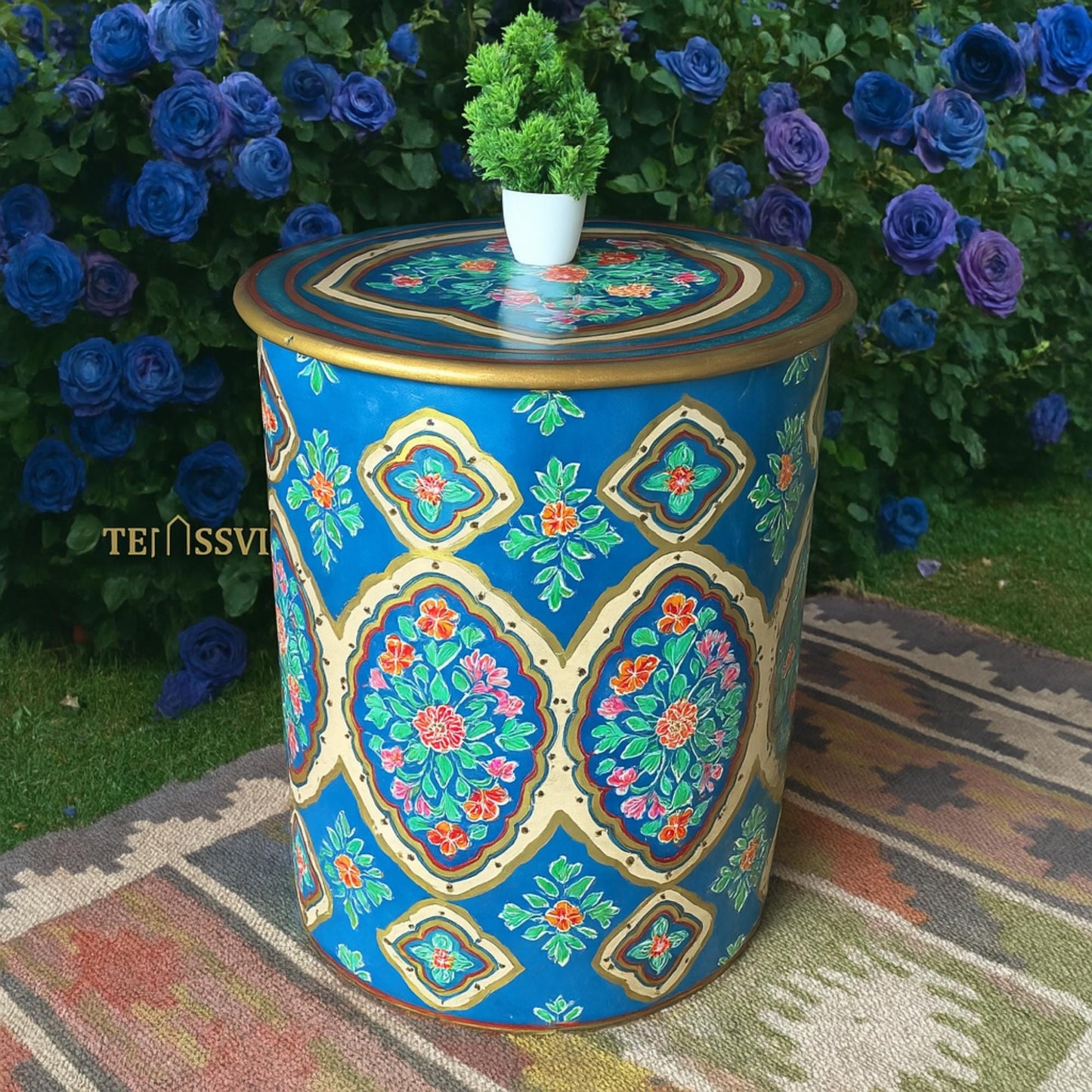 Hand-Painted Blue Wooden Table - Colorful Side Table, Unique Wood Coffee and Tea Table/wooden table | hand painted |living room | side table