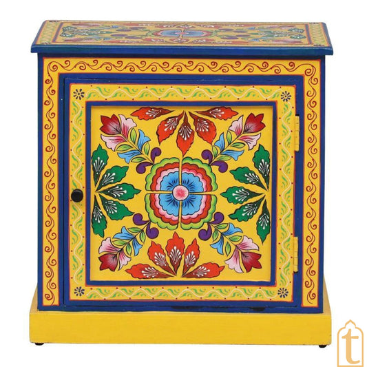 Hand paint Solid Wood Bedside Cabinet With 1 Door In Yellow Colour, night stand hand paint night lamp stand.