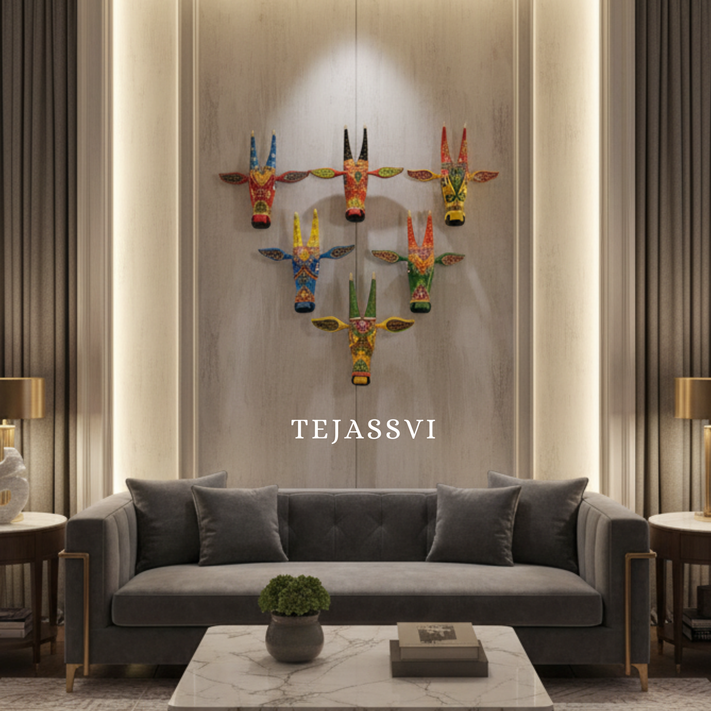 SET of 6 Wooden Painted Cow Head 16 Inches | Bull | Nandi Head Mask Wall Décor. Wooden Wall Hanging. Ethnic Indian Art.