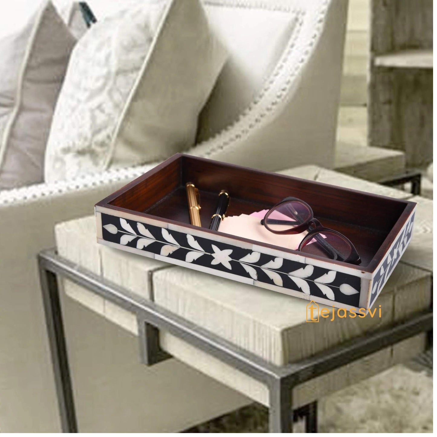 Bathroom Tray Parlour Whist Pattern Black & White 10x6 Inch | Bone Inlay Serving Tray, Bone Inlaid Rectangular Tray , Decorative tray
