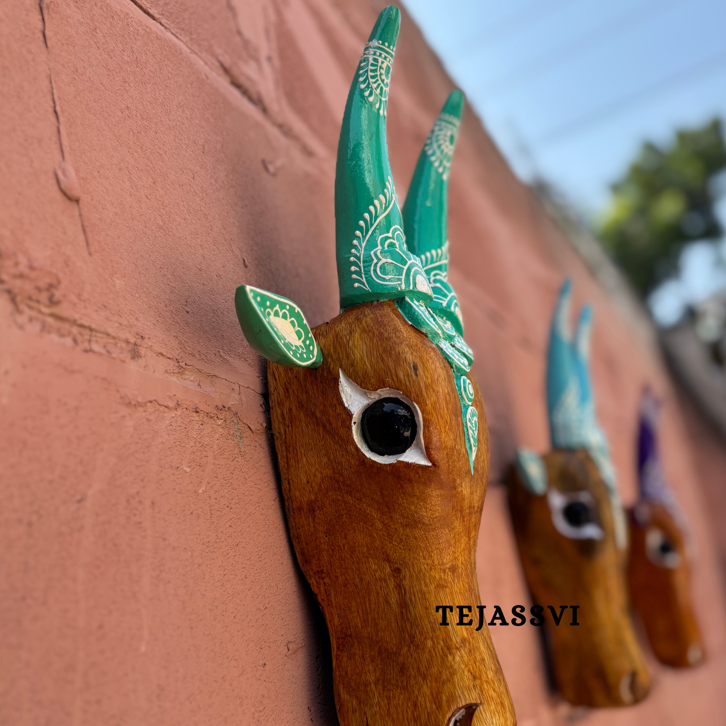 SET of 6 Wooden Painted Cow Head 16 Inches | Bull | Nandi Head Mask Wall Décor. Wooden Wall Hanging. Ethnic Indian Art.