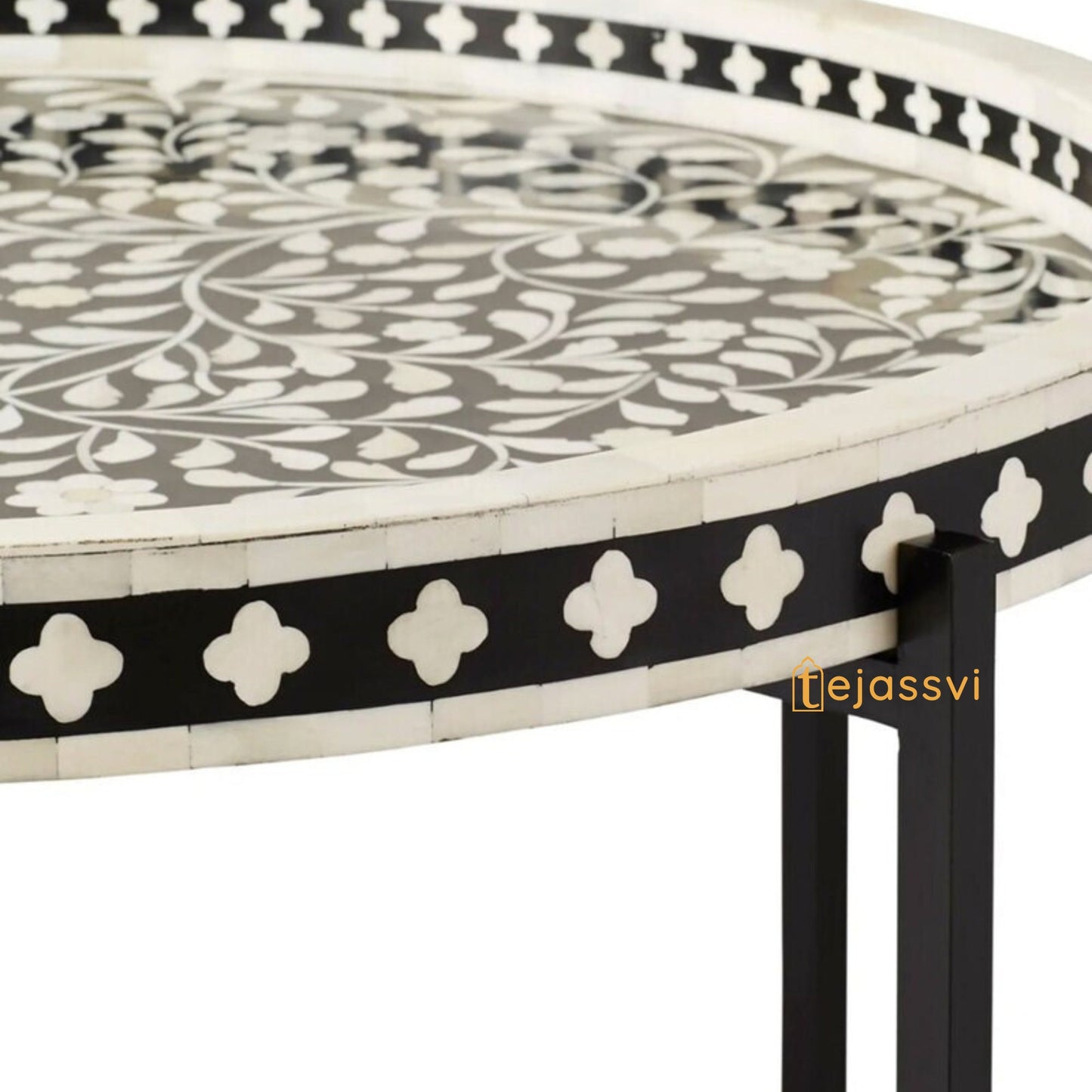 Bone Inlay Tray Coffee Table in Black & White Finish | Center table, BONE INLAY Round End TABLE, Floral design Cocktail Table.