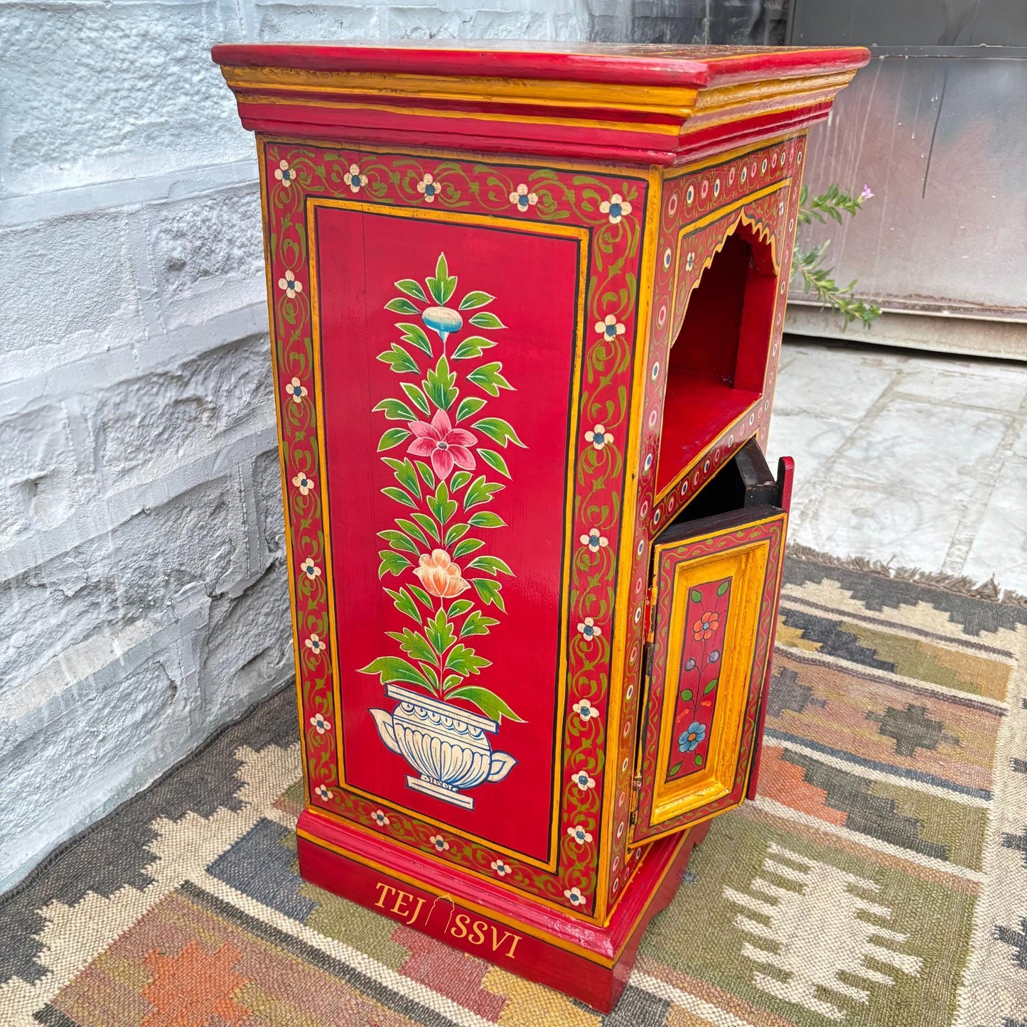 Handmade Hand Painted Bedside Table in Red & yellow , Home Decor Table, Handpainted side table, Indian Moroccan painted Furniture.