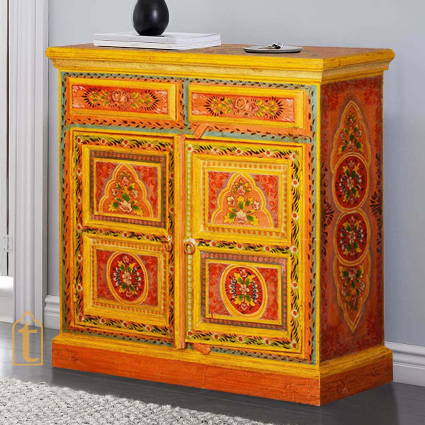 2 Drawer Hande Painted Storage Cabinet/Hand Painted Mango Wood Large Chest of Drawers for Living Room/Traditional Side Table with Drawers.