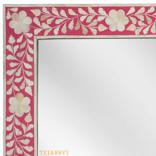 Bone Inlay floral design Pink Color Wall Hanging Large Mirror / wooden bone inlay wall mirror / Wall Décor / Wall Hanging .