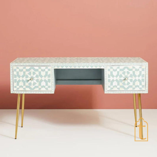Bone inlay Work Desk | laptop table | console table | Bone Inlay Wooden Console Table Bone Inlay Desk With 2Drawer Furniture With Metal Leg.