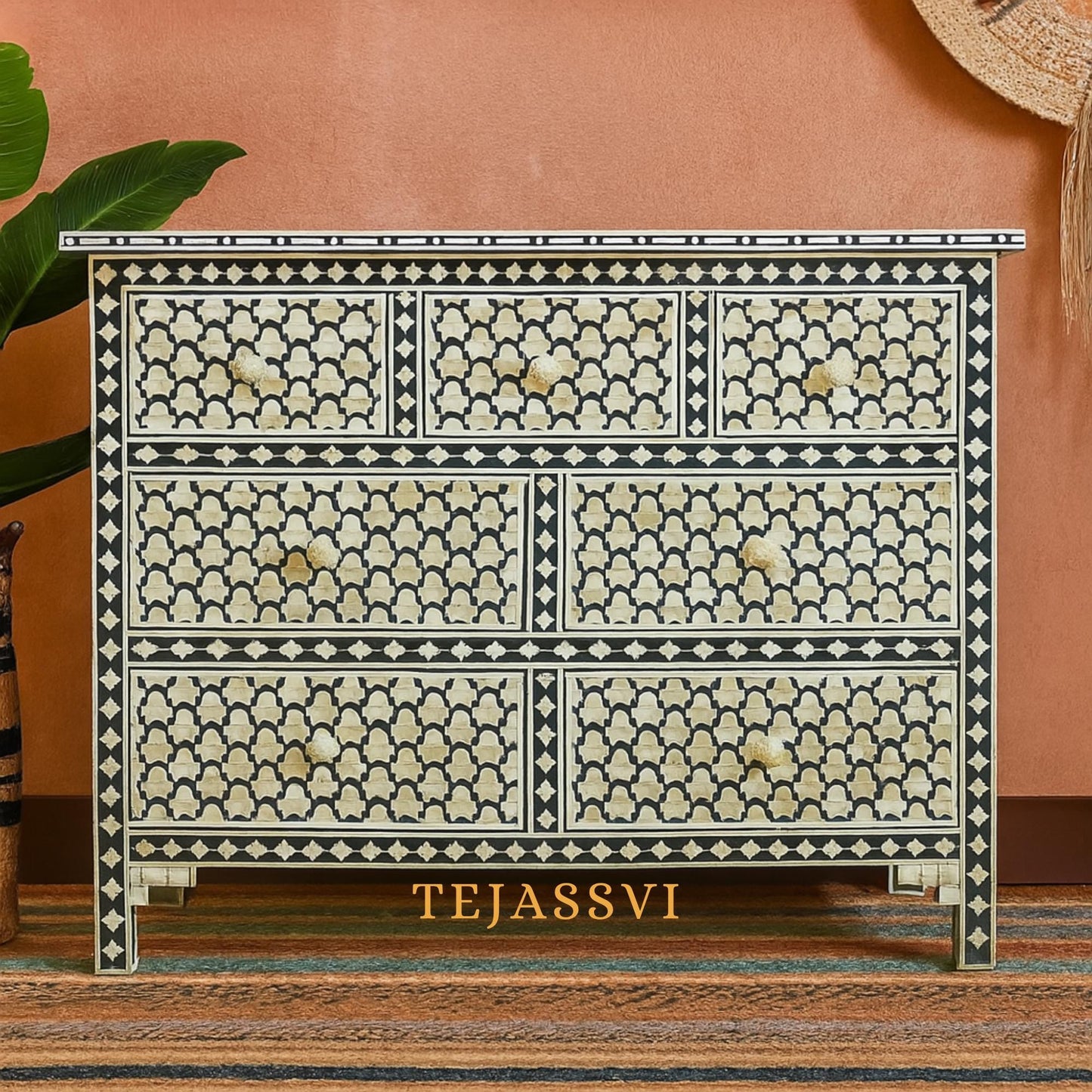 Honeycomb Design Black Handmade Bone Inlay dresser/7 Chest of Drawer, Bone inlay Sideboard Honeycomb black, Inlay Furniture Sideboard Unit.