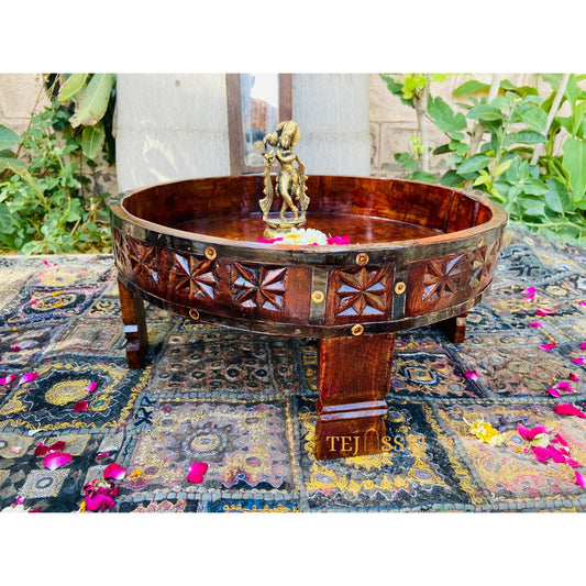 Wooden Coffee Table Natural Hand Made Carved Round Indian Grinder Table Chakki Table,Central Home Decor SideTable, Beautiful Handicraft Art