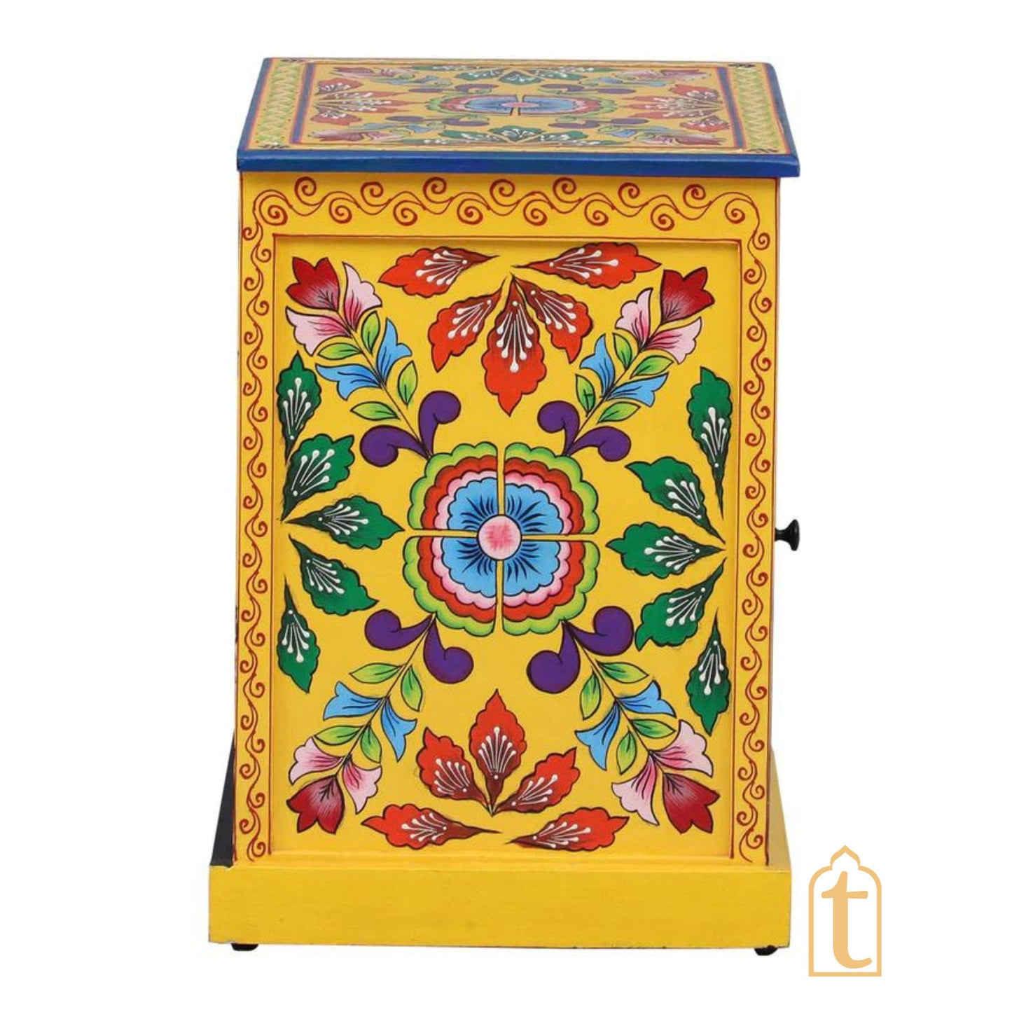 Hand paint Solid Wood Bedside Cabinet With 1 Door In Yellow Colour, night stand hand paint night lamp stand.