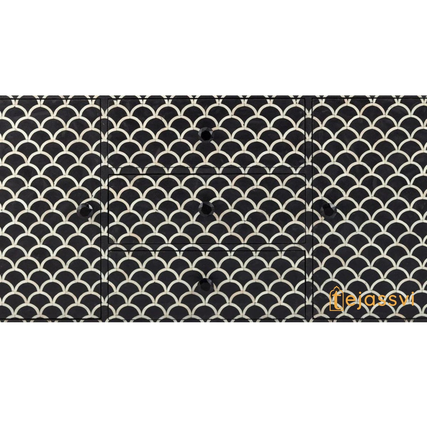 Bone Inlay Fish-scale Scalloped Sideboard in Black Color/Bone Inlay Media Console| Handmade Bone Inlay Credenza Indian Luxury Buffet Table.