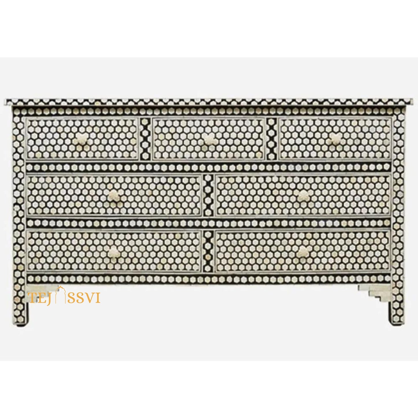Honeycomb Design Black Handmade Bone Inlay dresser/7 Chest of Drawer, Bone inlay Sideboard Honeycomb black, Inlay Furniture Sideboard Unit.