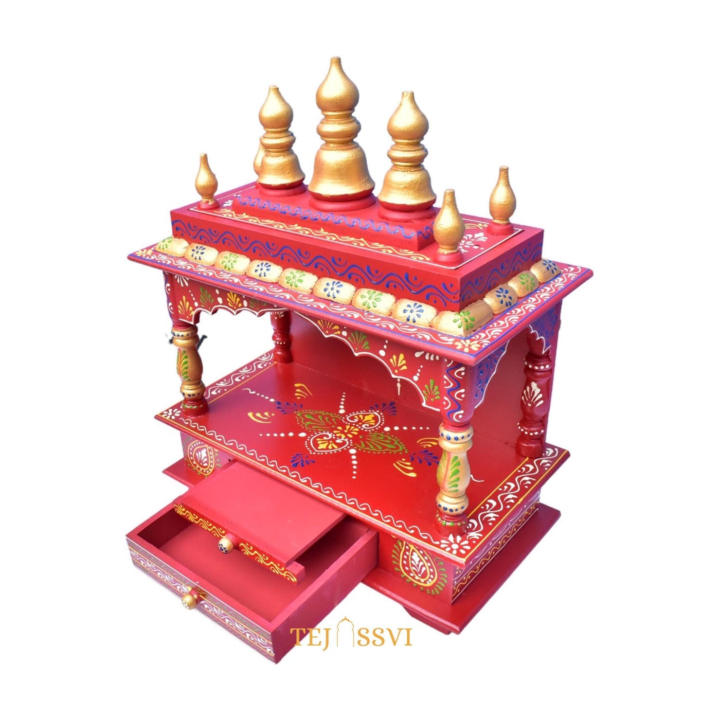Red Wooden Open Temple Pooja Mandir | Beautiful Wall Hanging Small Wooden Temple for Home | Wooden Prayer Room, Alter, Shrine, Pooja Ghar