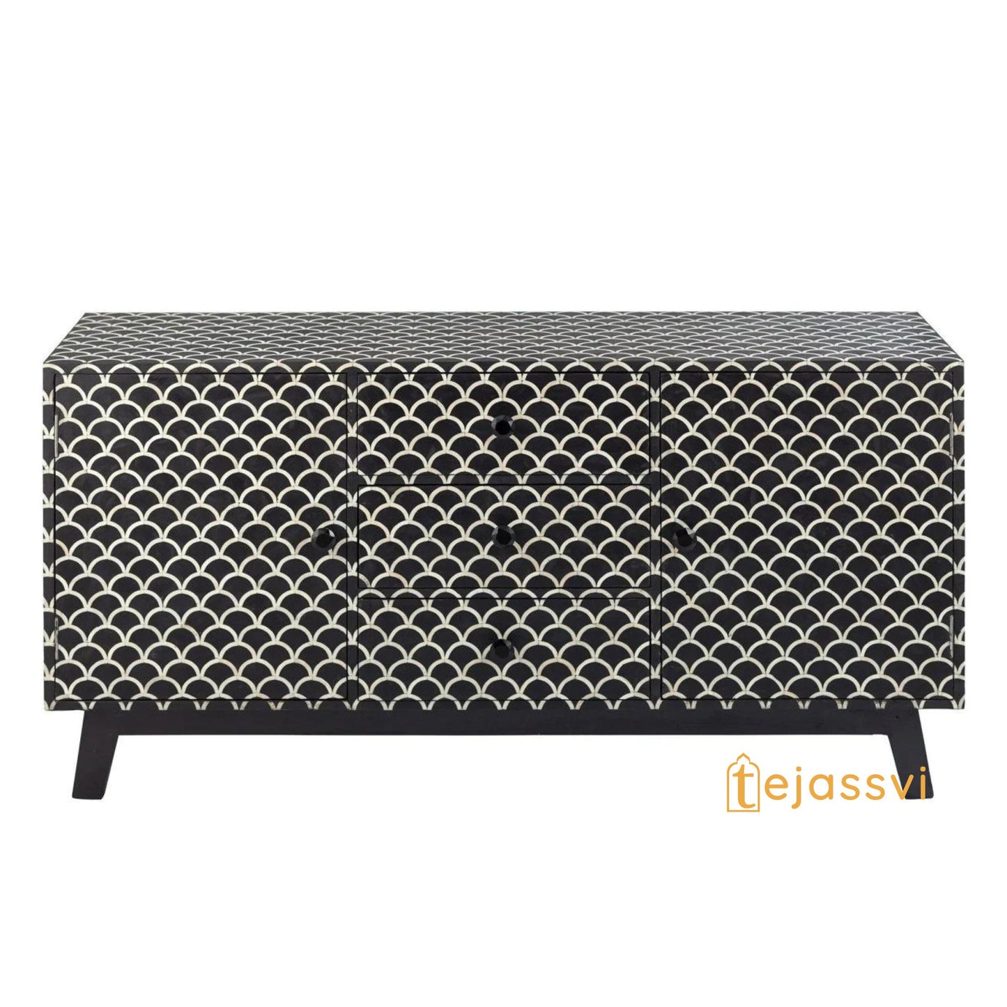 Bone Inlay Fish-scale Scalloped Sideboard in Black Color/Bone Inlay Media Console| Handmade Bone Inlay Credenza Indian Luxury Buffet Table.