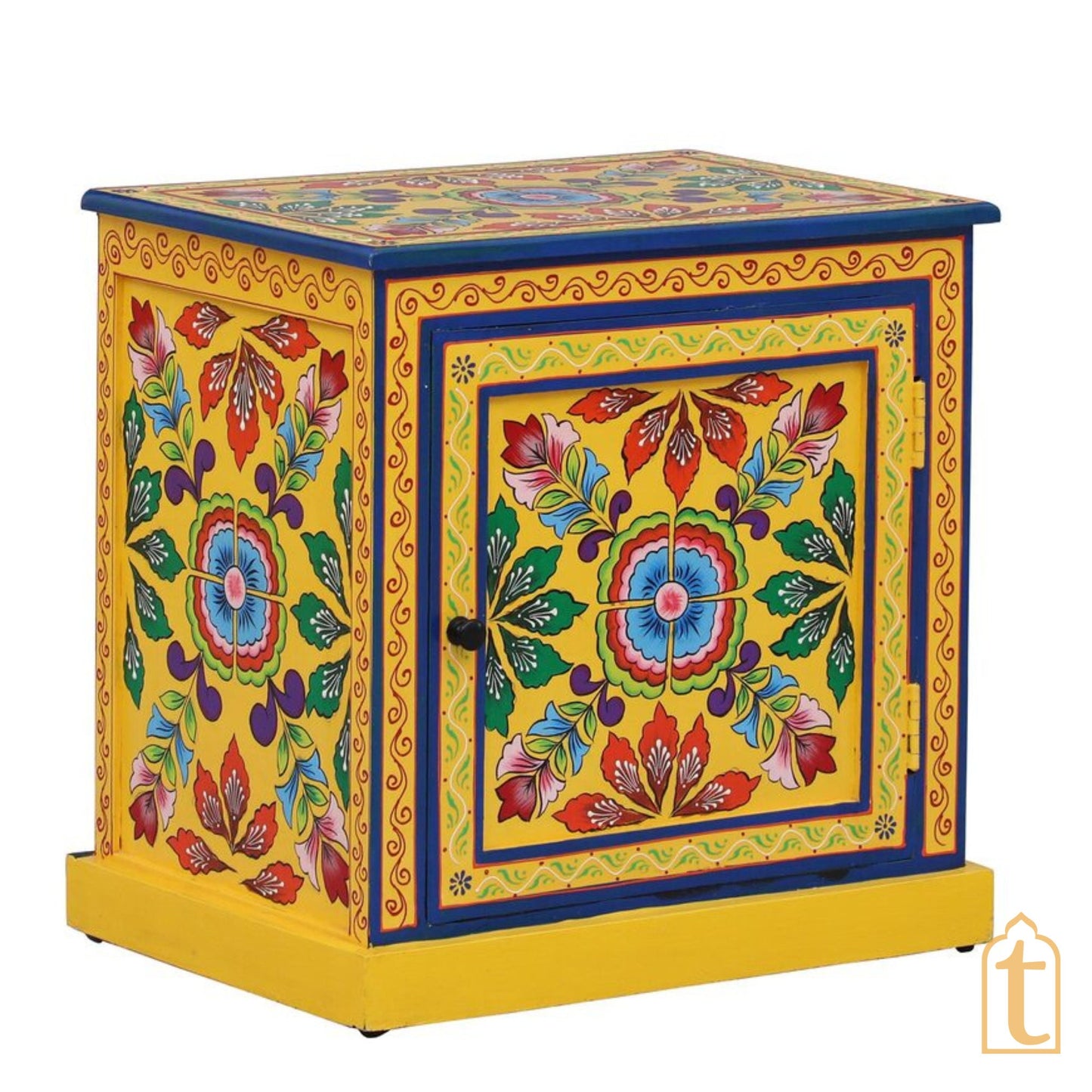 Hand paint Solid Wood Bedside Cabinet With 1 Door In Yellow Colour, night stand hand paint night lamp stand.