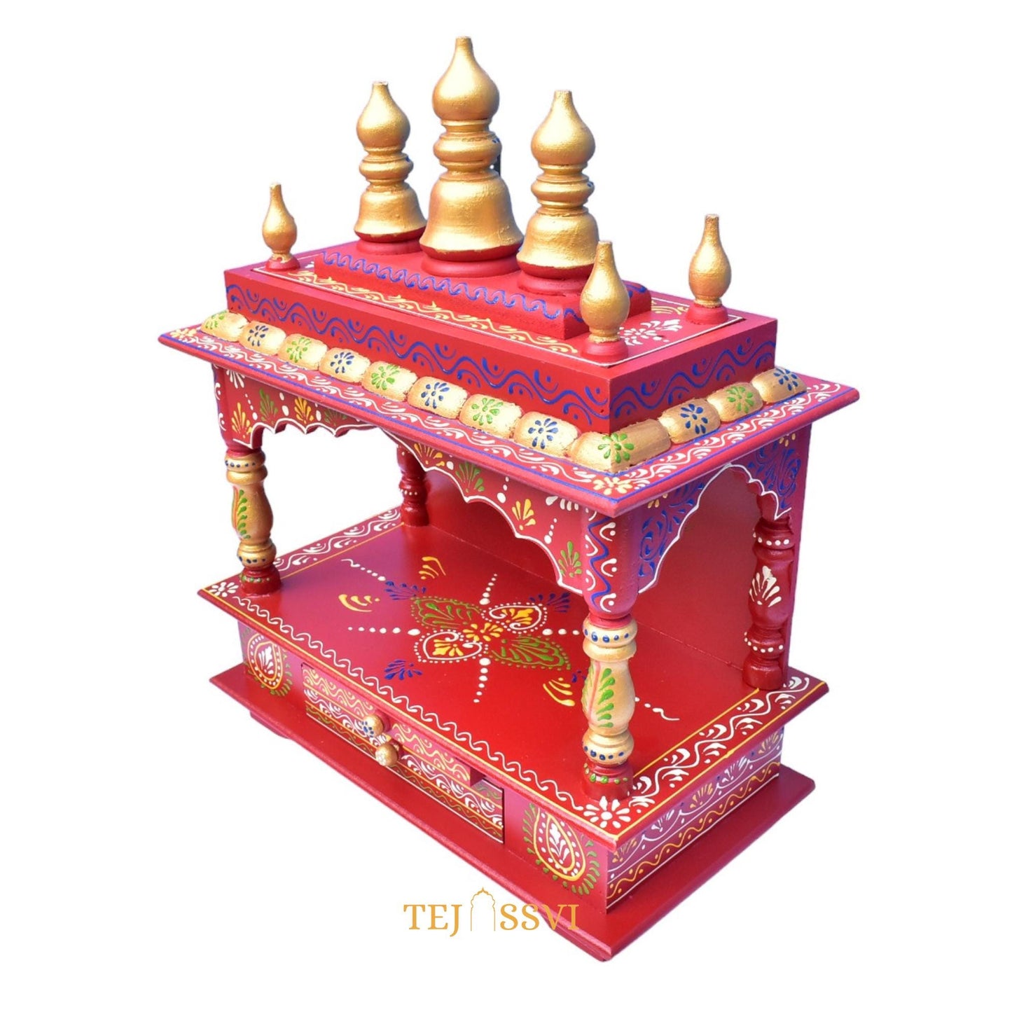 Red Wooden Open Temple Pooja Mandir | Beautiful Wall Hanging Small Wooden Temple for Home | Wooden Prayer Room, Alter, Shrine, Pooja Ghar