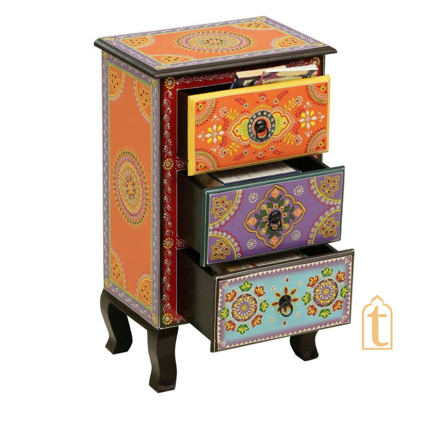 Indian Hand painted Wooden Chest Drawers, Side Table /Chest of Drawers for Living Room |Traditional Side Table with Drawers | Bedside table.