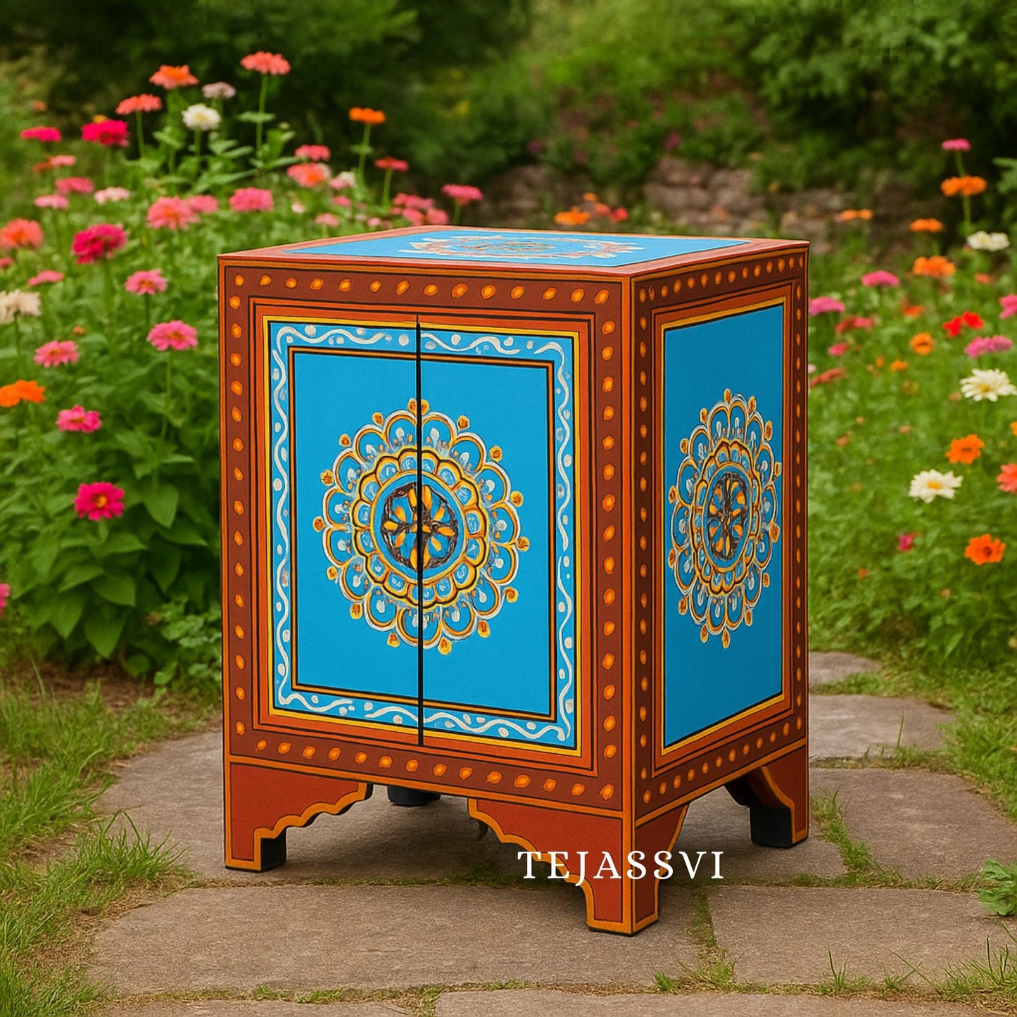 Wooden painted bedside table / bedside cabinet with hand painting/ Bedside cupboard/ Indian painted bedside cabinet/ painted bedside.