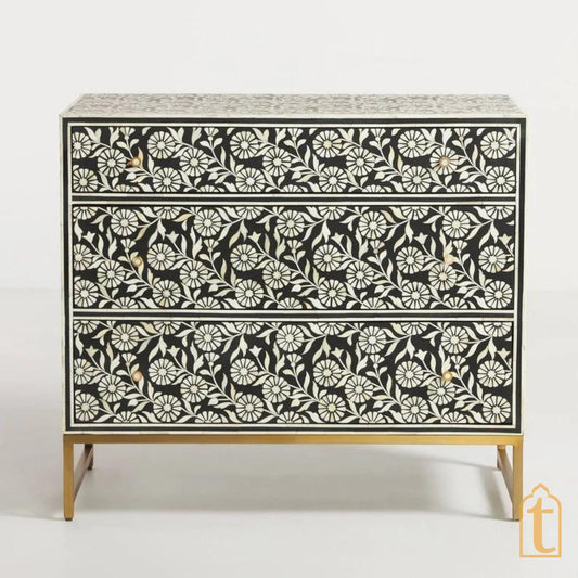 Bone Inlay Furniture, Bone Inlay Chest of 3 Drawers stripe Blue,3 Drawer Dresser, Bone Inlay Dresser, Bone Inlay Sideboard, Optical Cabinet.