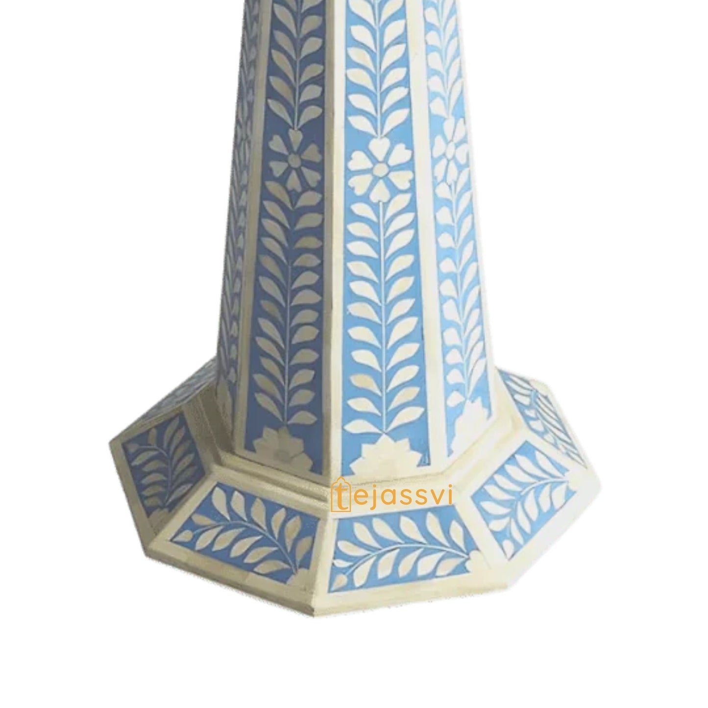 Handmade Bone Inlay Pedestal Side Table | Blue Floral Bone Inlay Pedestal Side Table | Bone Inlay Wooden Antique sofa side Table