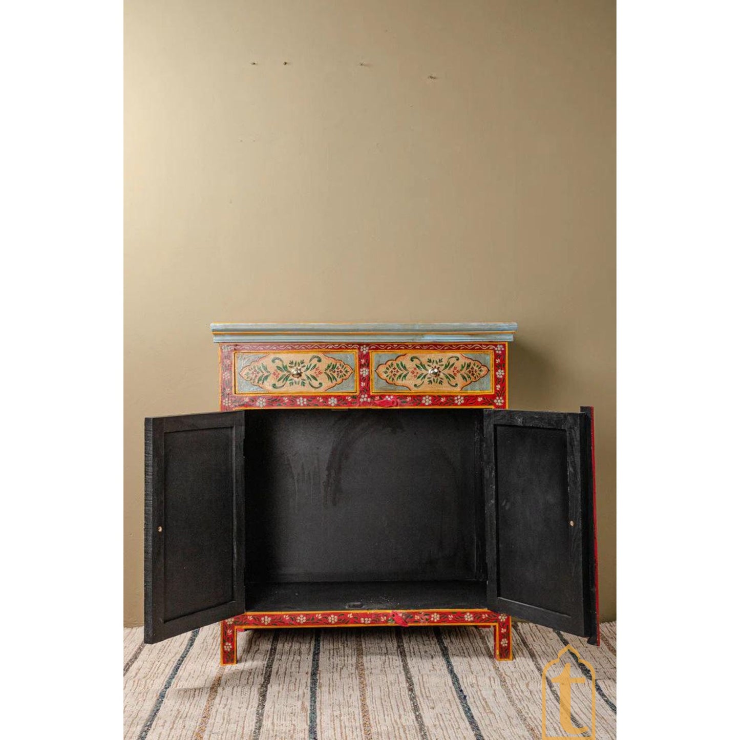 Indian Handicraft Wood Artistic Floral Painted Bedside Furniture Cabinet, Bedroom Furniture, Hand painted Chest Of Dressers, Nightstand.
