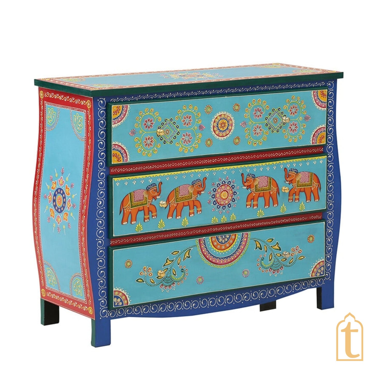 Indian Hand painted Wooden Chest of Drawers, Side Table /Chest of Drawers for Living Room | Traditional Side Table with Drawers.