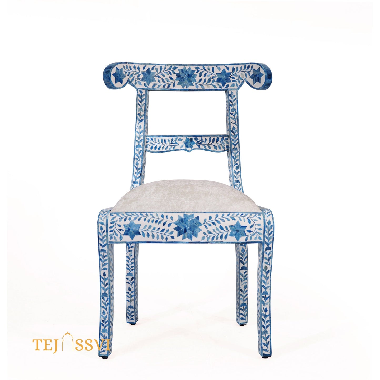 Bone Inlay Floral Chair blue | Bone Inlay chair | Wooden Modern Luxury Furniture/ wooden chair/ wooden stool/ bone table/ home furniture.