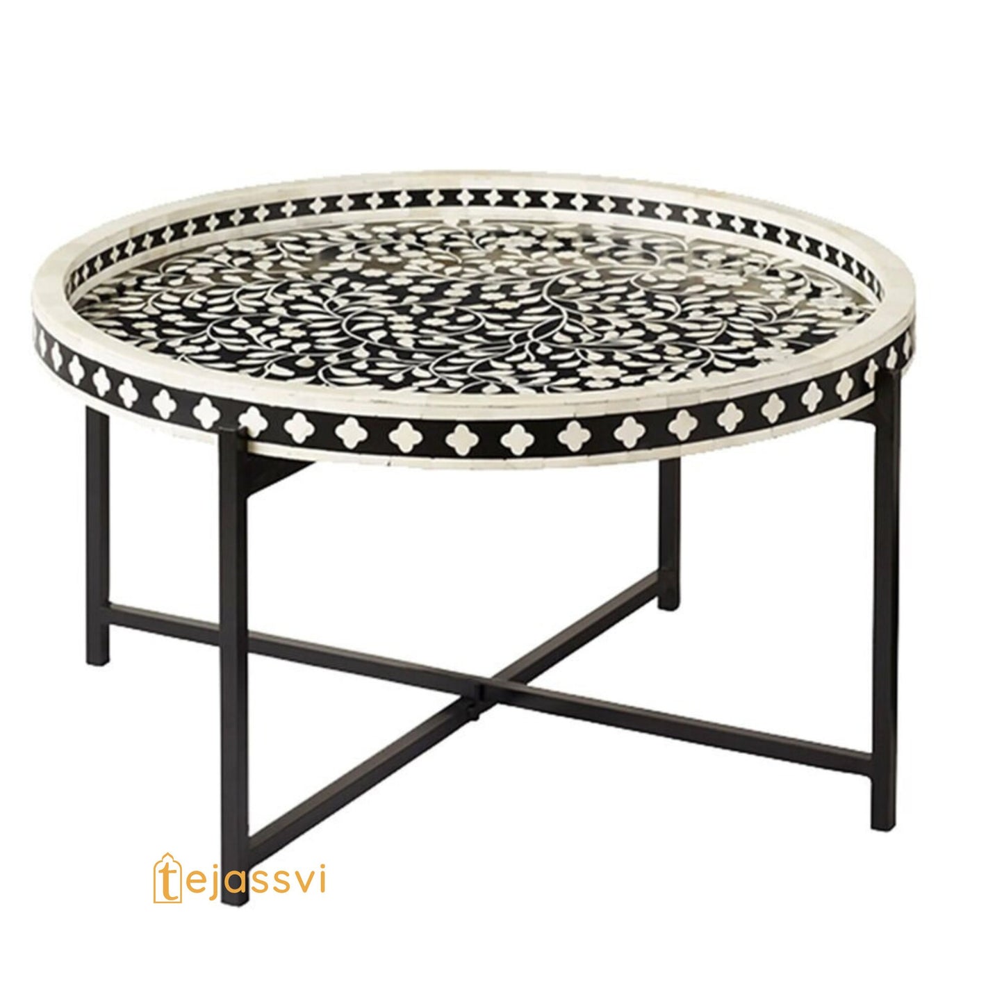 Bone Inlay Tray Coffee Table in Black & White Finish | Center table, BONE INLAY Round End TABLE, Floral design Cocktail Table.