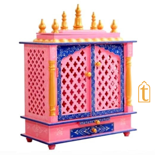 Wooden Pooja Mandir: Indian Pooja Ghar, Wall Mount Decor, Wooden Pink & Blue Pooja Mandir for Wall Decor